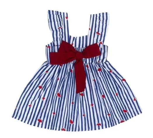 Nino Bambino 100% Organic Cotton Blue Horizontal Striped With Watermelon Designed Sleeveless Dress For Baby & Kid Girls (Certified ORGANIC) - 1 Pc (2 To 3 Years)