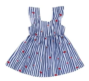 Nino Bambino 100% Organic Cotton Blue Horizontal Striped With Watermelon Designed Sleeveless Dress For Baby & Kid Girls (Certified ORGANIC) - 1 Pc (2 To 3 Years)