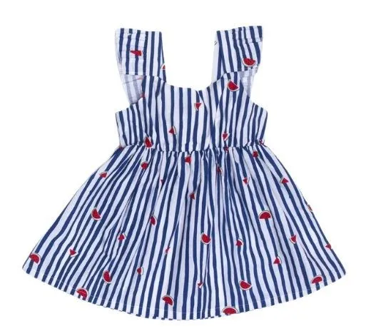 Nino Bambino 100% Organic Cotton Blue Horizontal Striped With Watermelon Designed Sleeveless Dress For Baby & Kid Girls (Certified ORGANIC) - 1 Pc (6 To 12 Months)