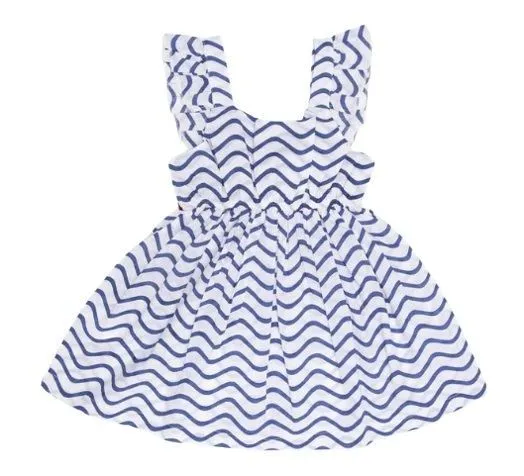 Nino Bambino 100% Organic Cotton Blue Horizontal Wavy Striped Sleeveless Dress For Baby & Kid Girls (Certified ORGANIC) - 1 Pc (3 To 4 Years)