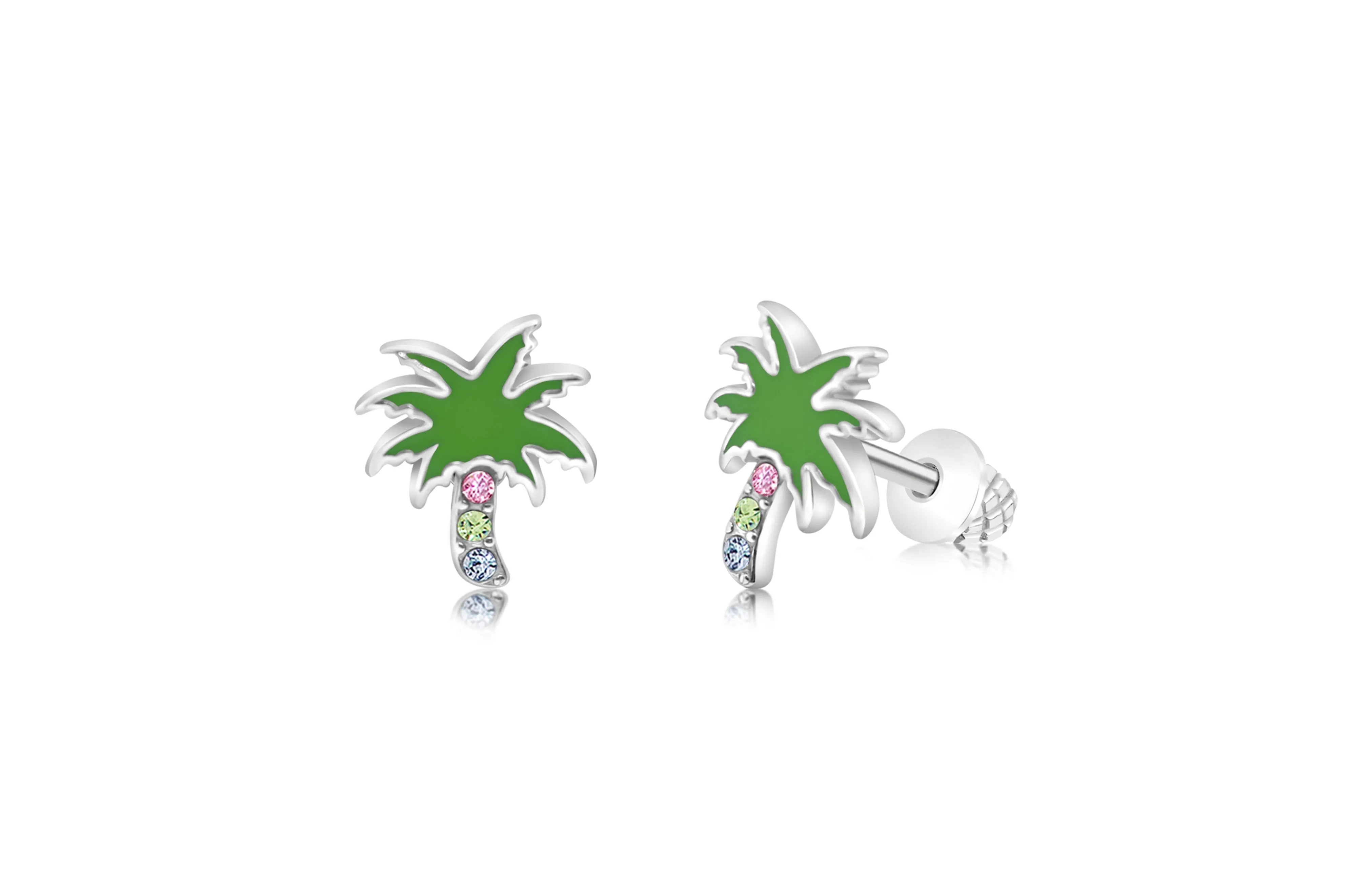 Palm Tree Multi-color Crystal White Gold Palladium Plating Girl's Screwback Earring