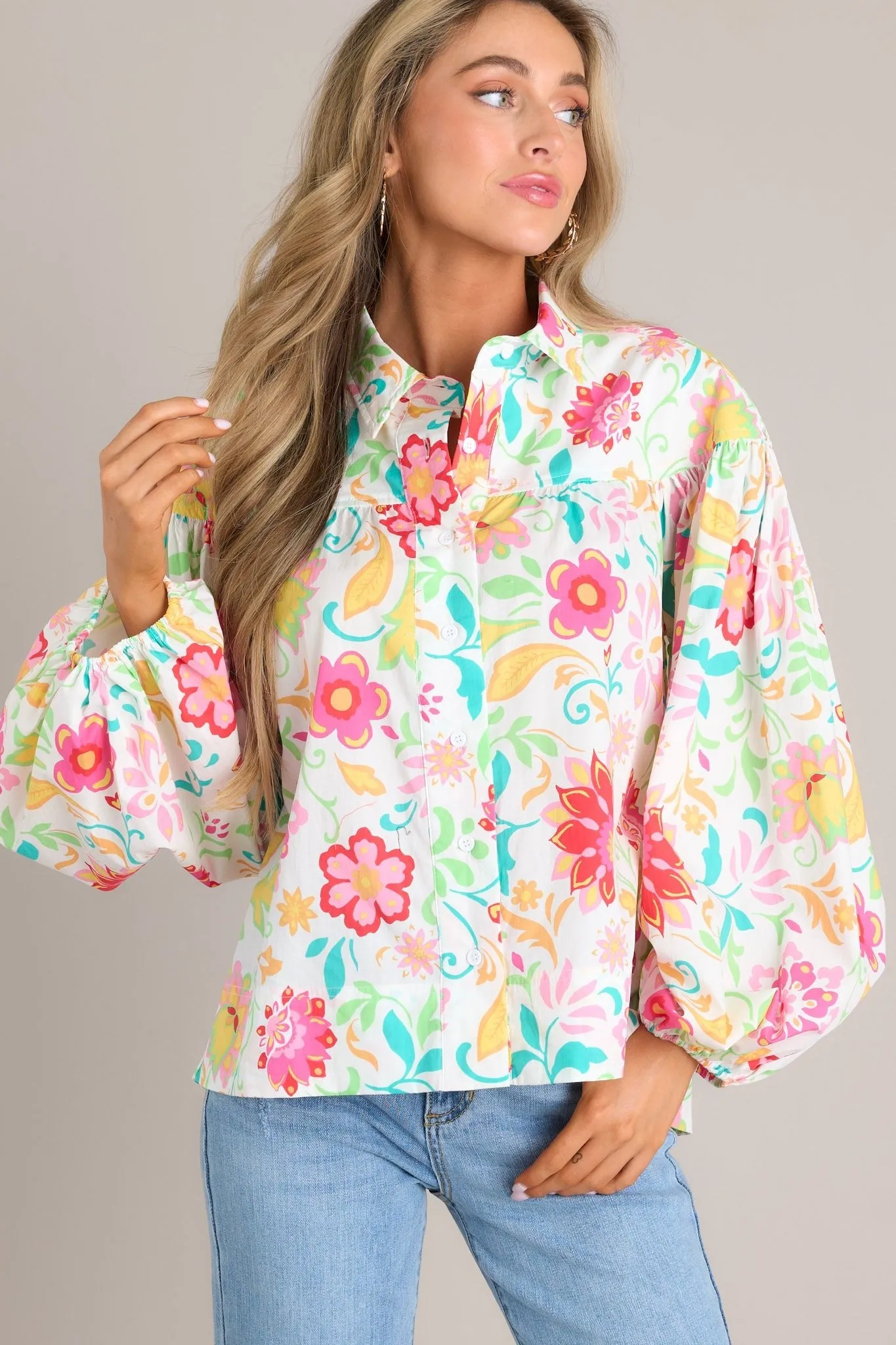 Plant Smiles Pink Floral Button Front Top