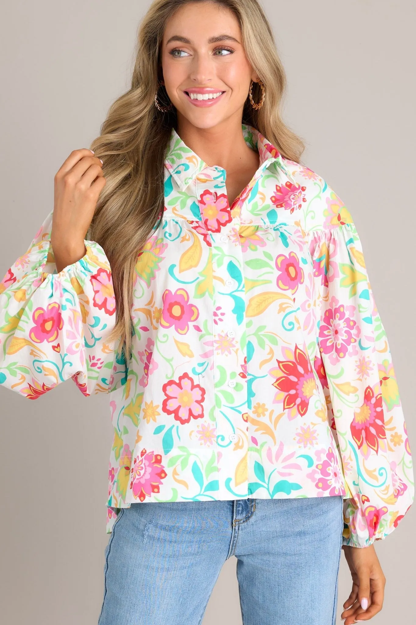 Plant Smiles Pink Floral Button Front Top