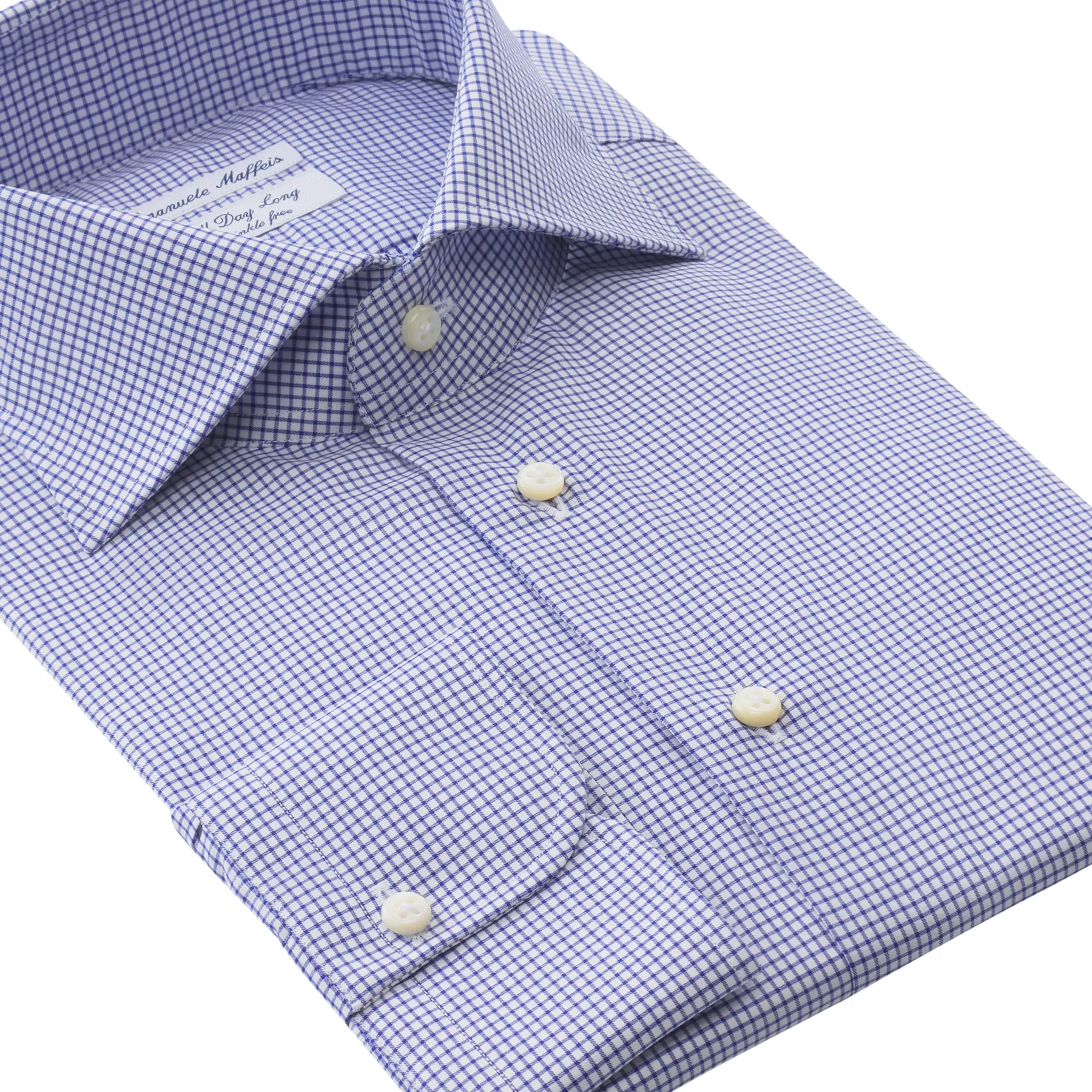 "All Day Long Collection" Graph-Check Cotton Blue Shirt with Cutaway Collar