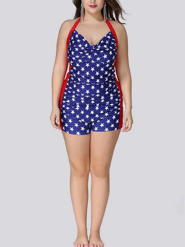 Sedora Stars Print Blue and Red Halter Neck One Piece Shorts Swimsuit