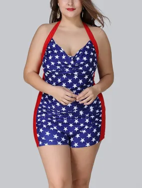 Sedora Stars Print Blue and Red Halter Neck One Piece Shorts Swimsuit