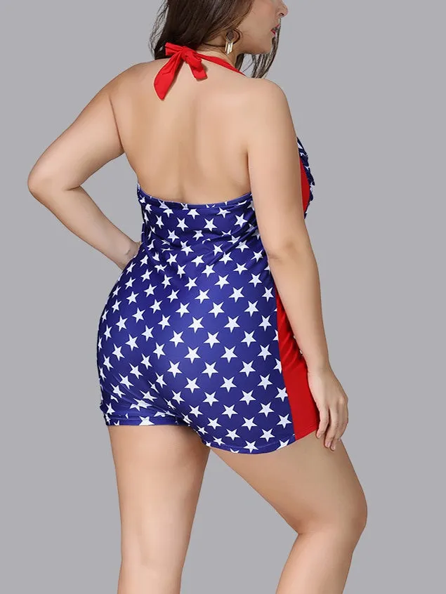 Sedora Stars Print Blue and Red Halter Neck One Piece Shorts Swimsuit