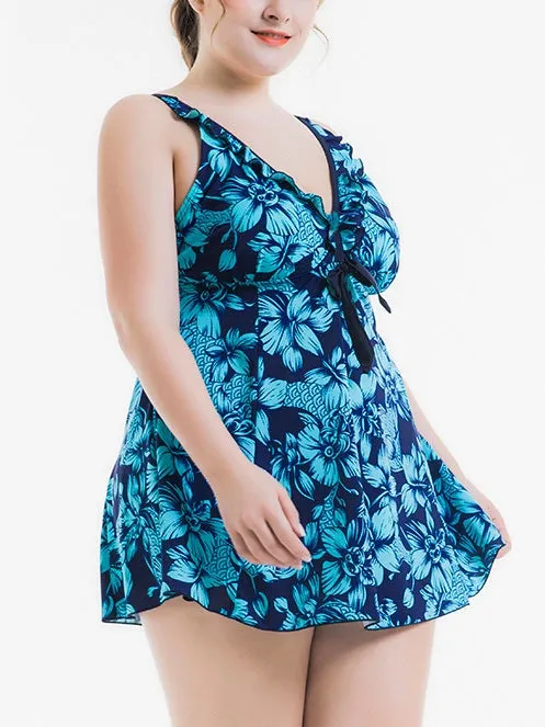 Selenne V Neck Dress Look Tankini Top and Highwaist Underwear Two Piece Swimsuit Set (Dark blue, Light blue, Green) (EXTRA BIG SIZE)