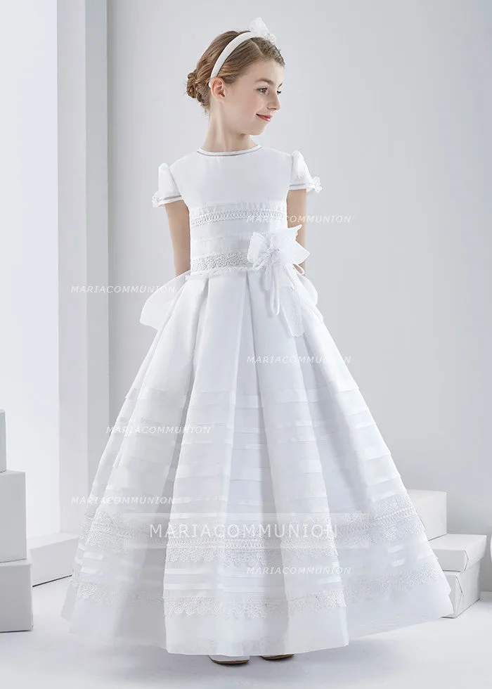 Short Sleeve Jewel Neck Long Lace Trimmed Organza First Communion Dress with Dramatic Bow