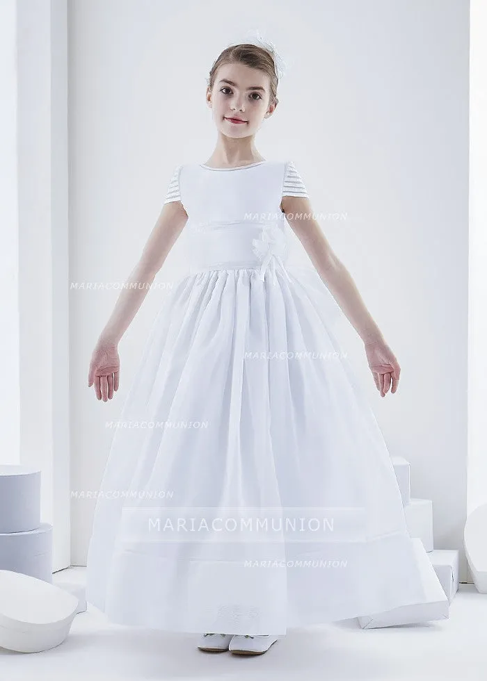 Short Sleeve Jewel Neck Long Lace Trimmed Organza First Communion Dress with Dramatic Bow