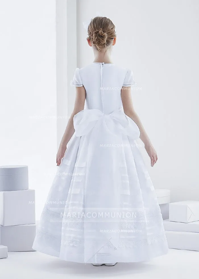 Short Sleeve Jewel Neck Long Lace Trimmed Organza First Communion Dress with Dramatic Bow