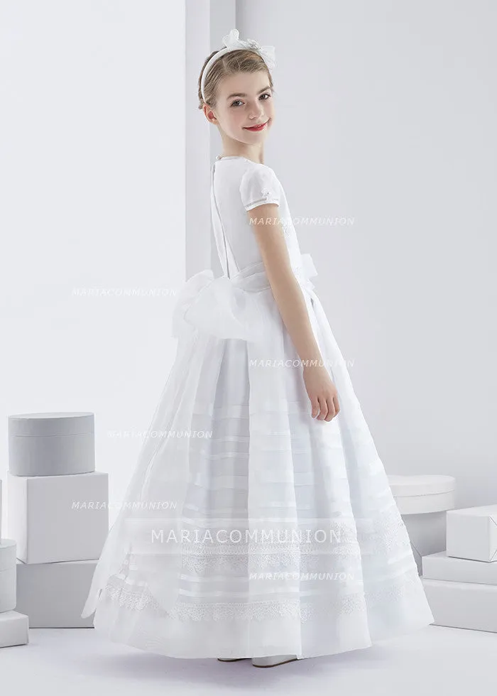 Short Sleeve Jewel Neck Long Lace Trimmed Organza First Communion Dress with Dramatic Bow