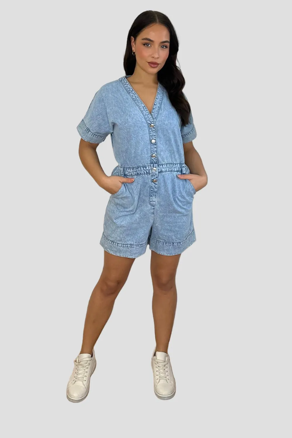 Sky Blue Denim V-Neck Playsuit