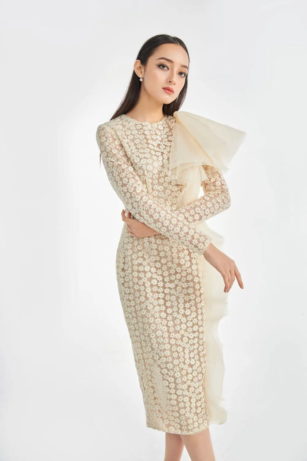 Sterling Pencil Long Sleeved Silk Organza Midi Dress