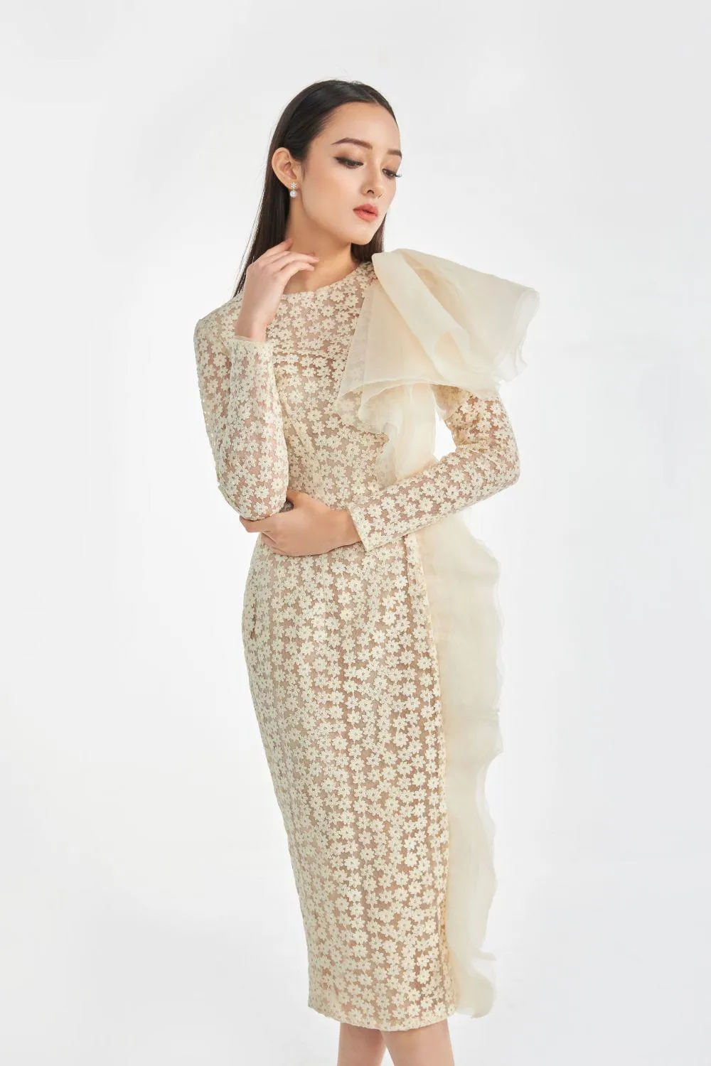 Sterling Pencil Long Sleeved Silk Organza Midi Dress