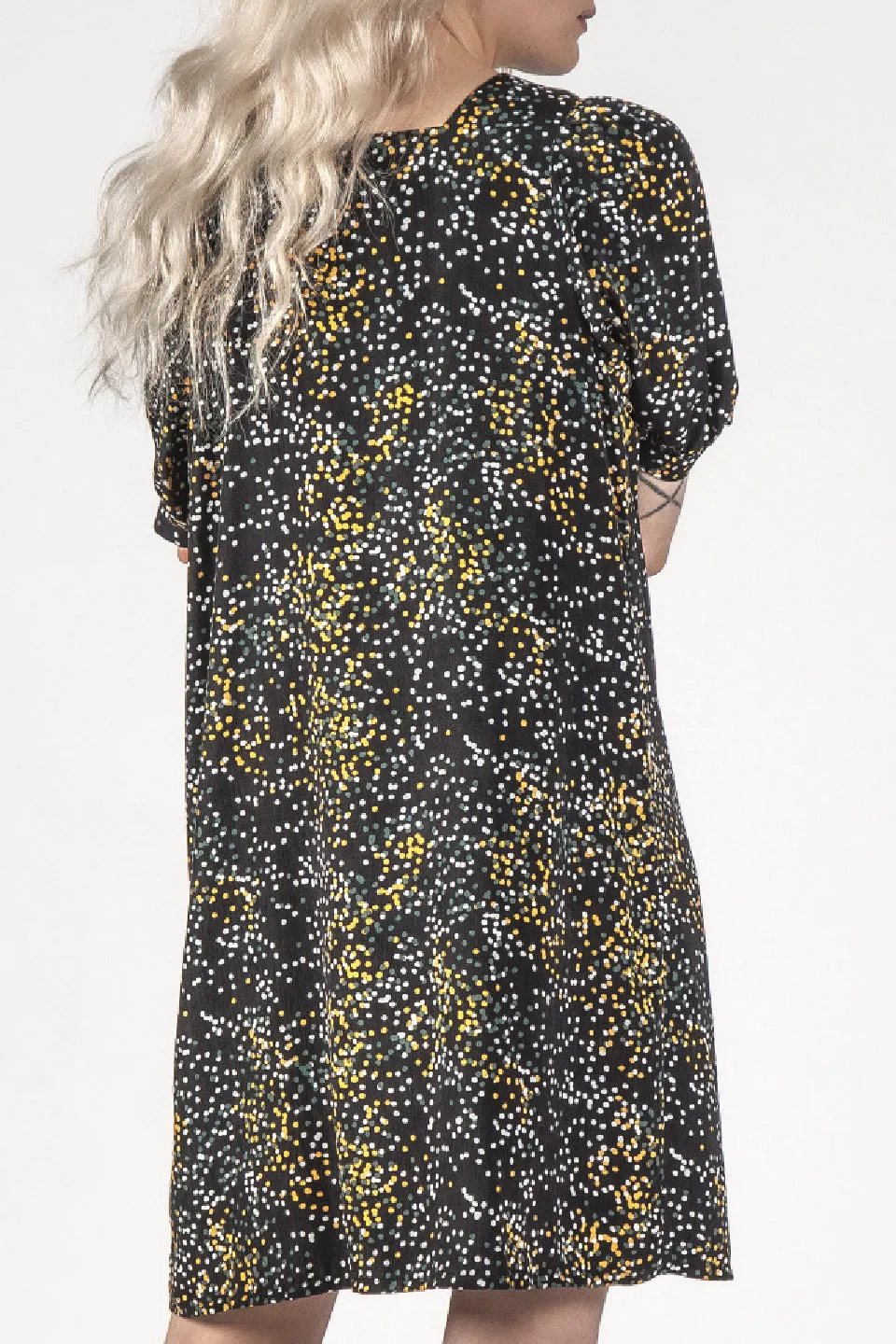 The Small Talk Black Mini Blotch Button Front Dress