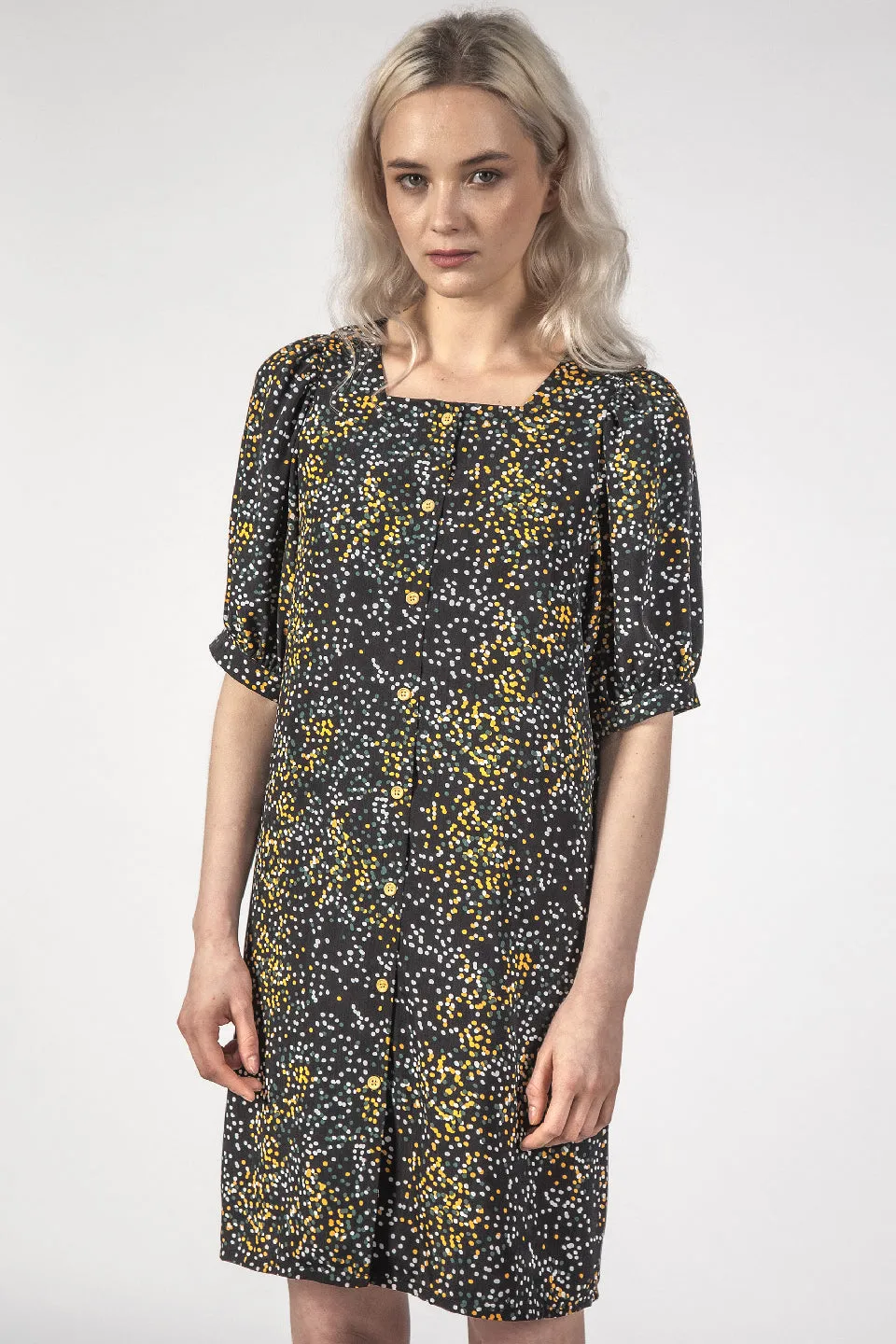 The Small Talk Black Mini Blotch Button Front Dress