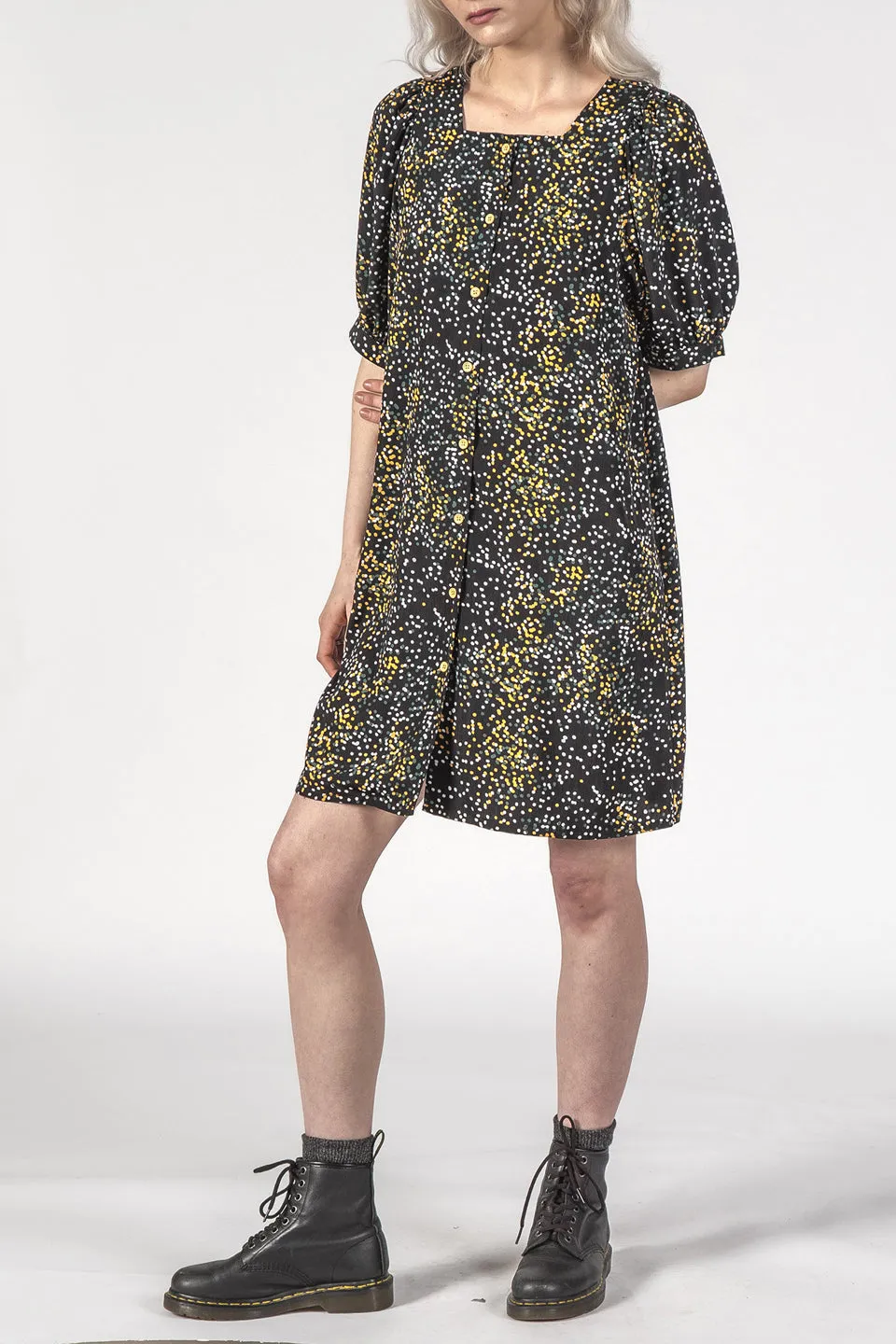 The Small Talk Black Mini Blotch Button Front Dress