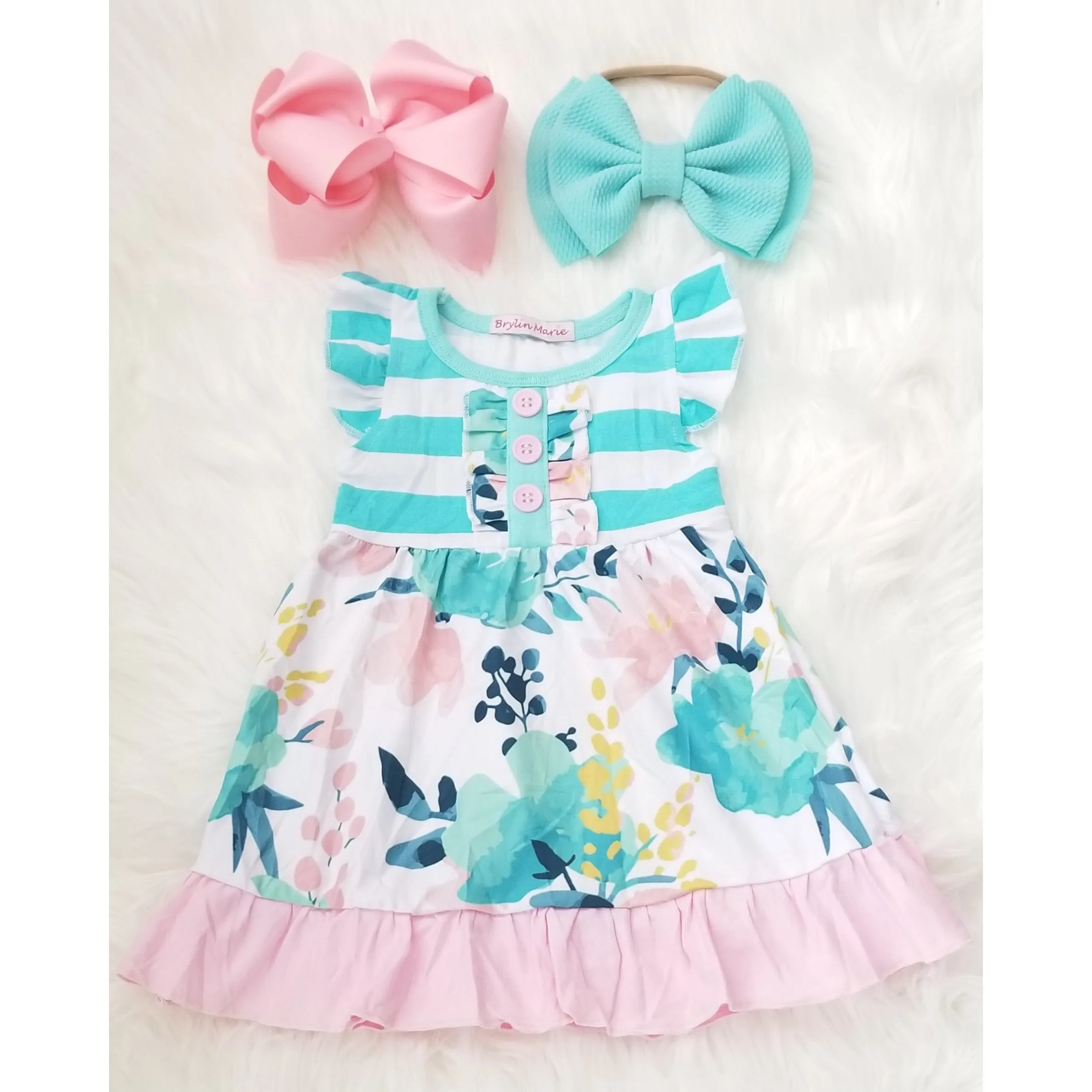 Turquoise & Pink Flower Ruffle Dress