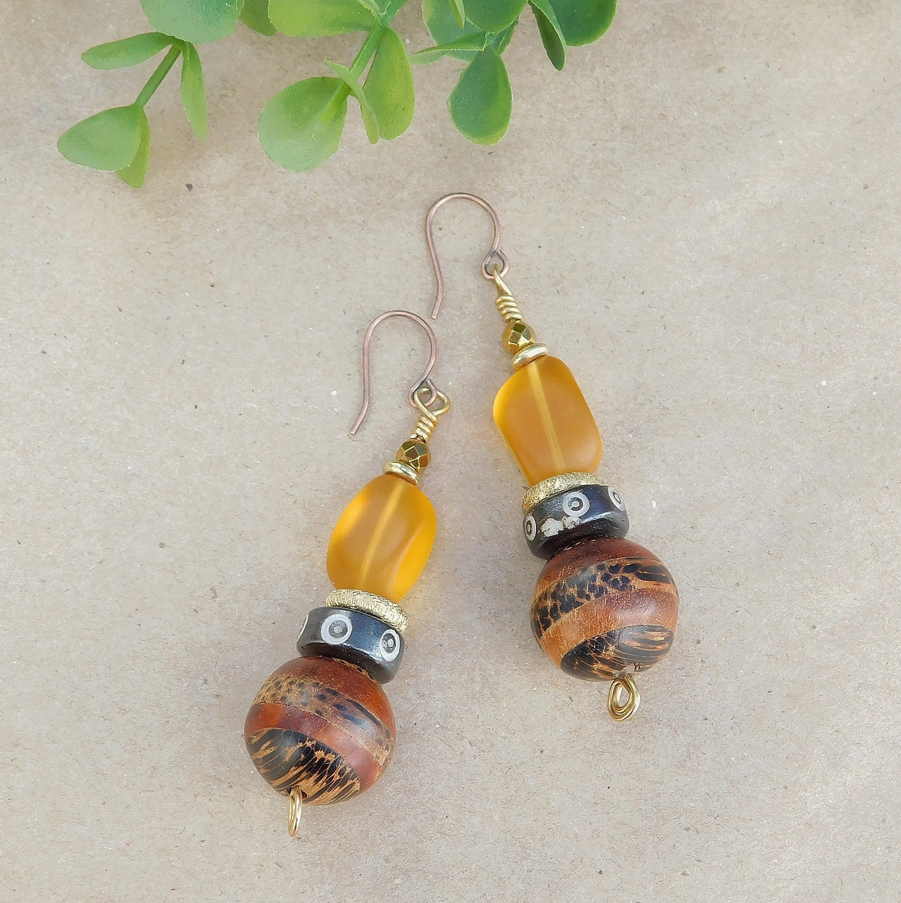 Unique Wood and Desert Gold Sea Glass Earrings