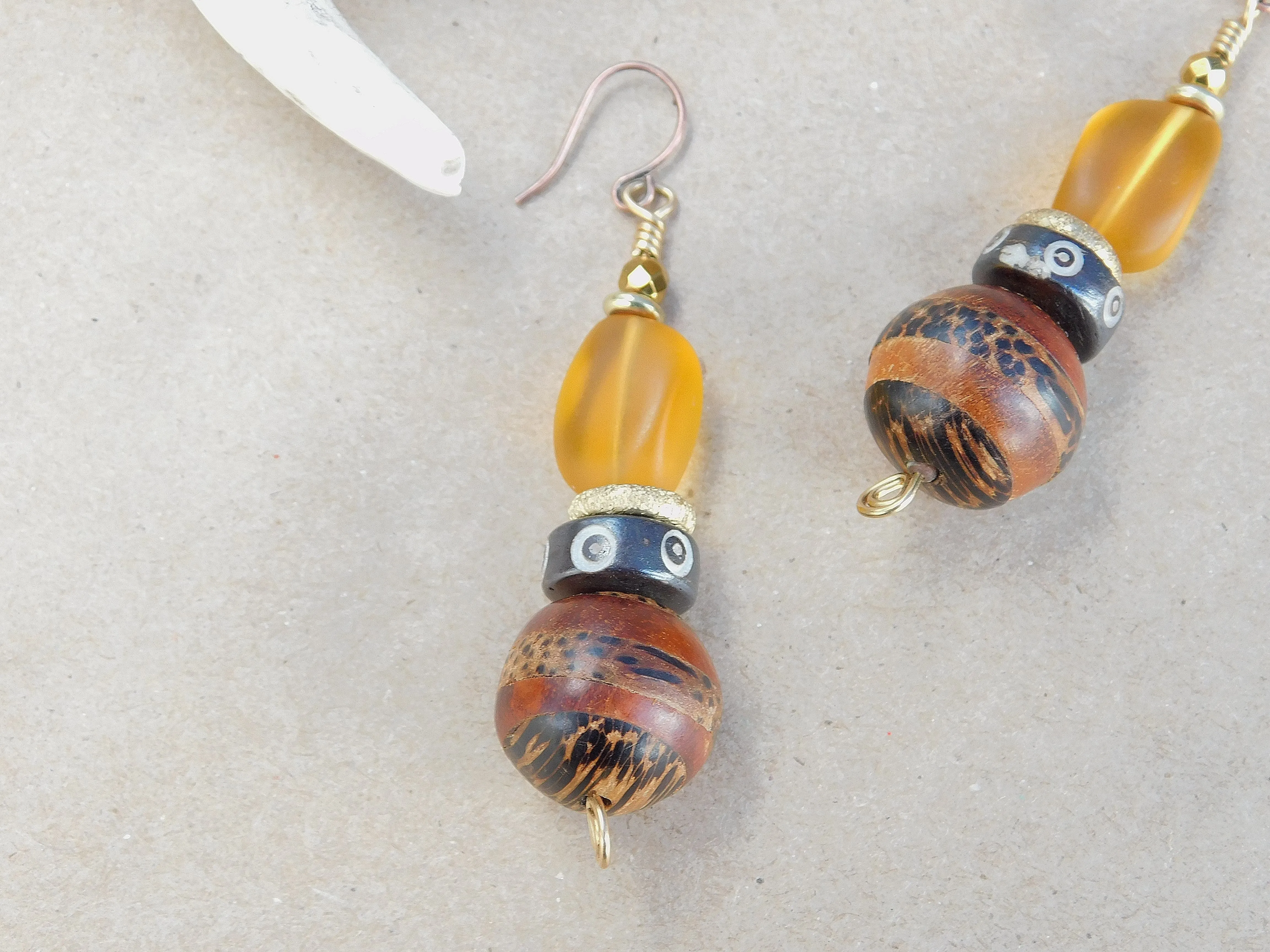 Unique Wood and Desert Gold Sea Glass Earrings