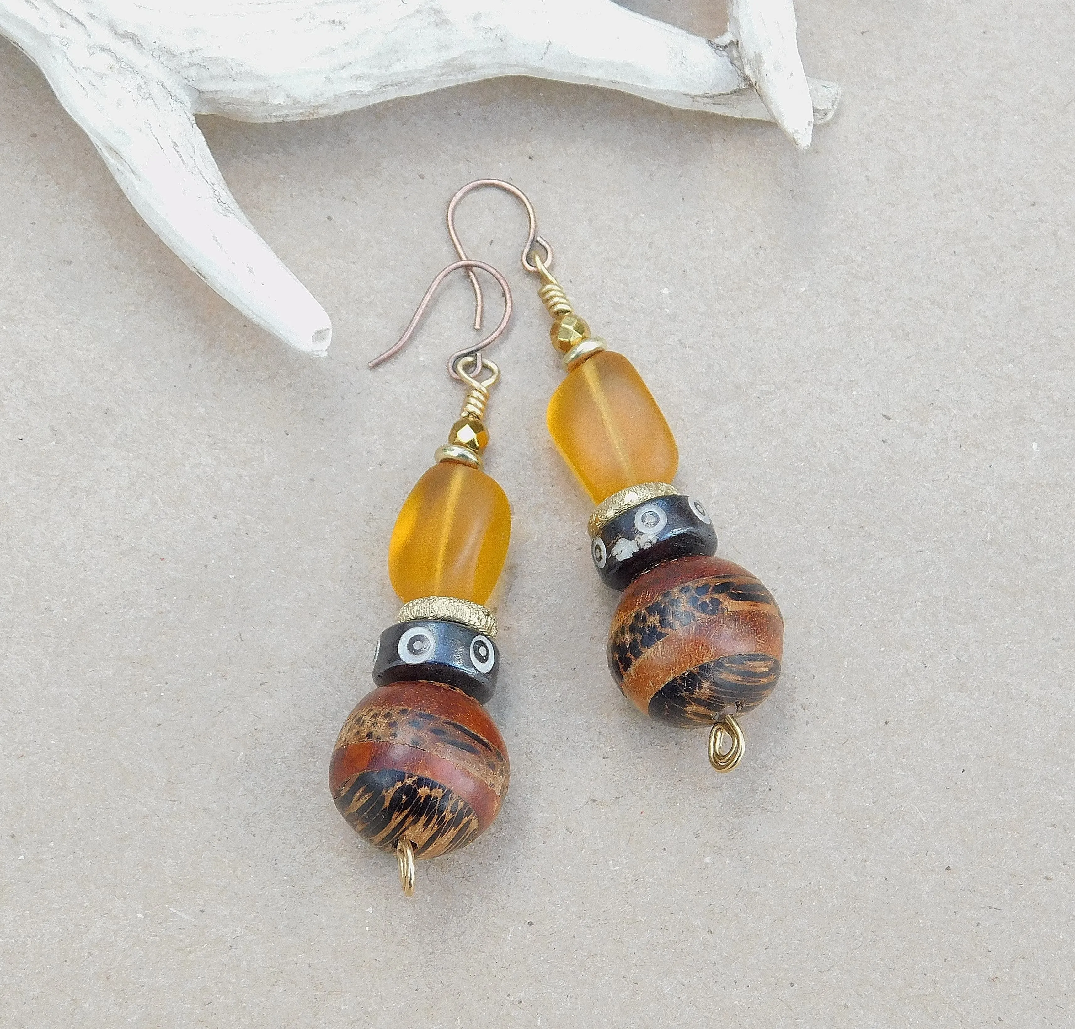 Unique Wood and Desert Gold Sea Glass Earrings