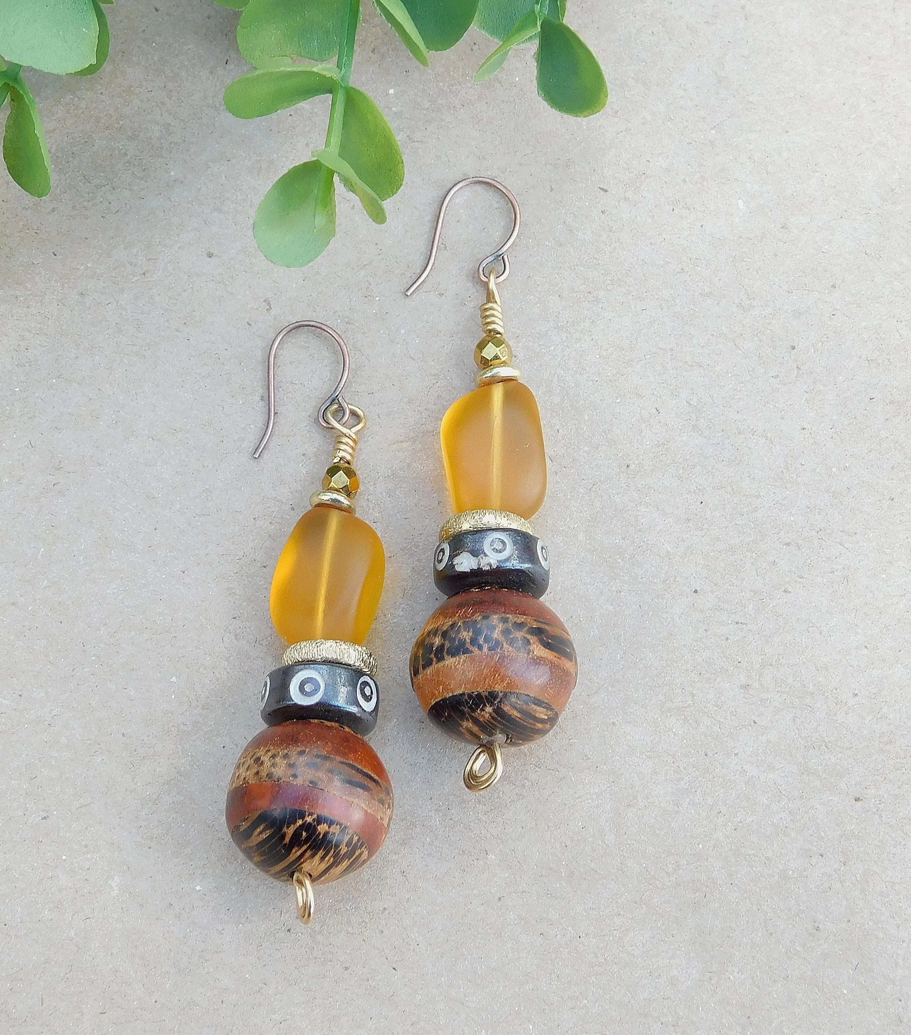 Unique Wood and Desert Gold Sea Glass Earrings