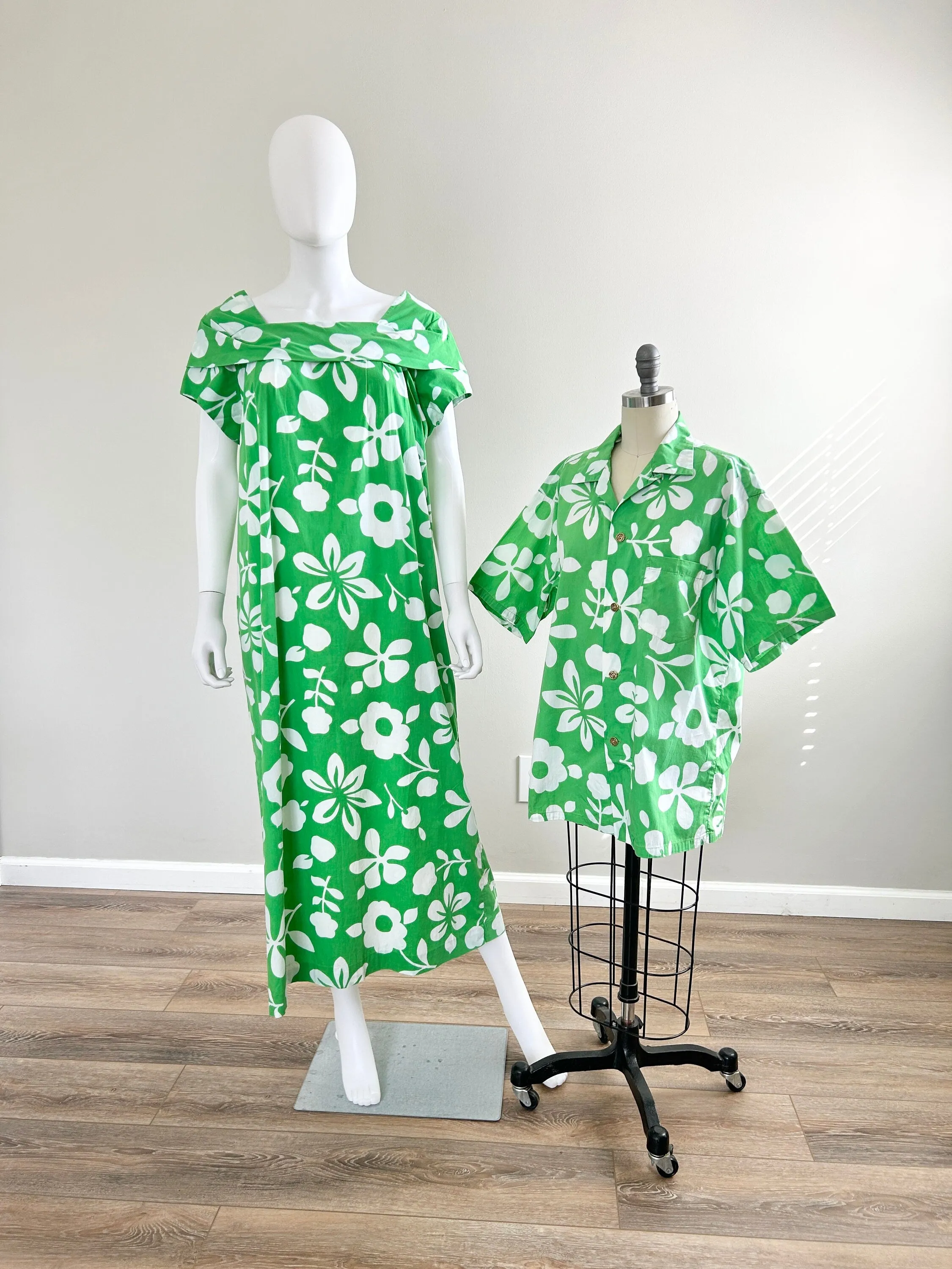 Vintage 1960s Hawaiian Dress and Shirt Matching Set / 60s Couples set / Size L XL